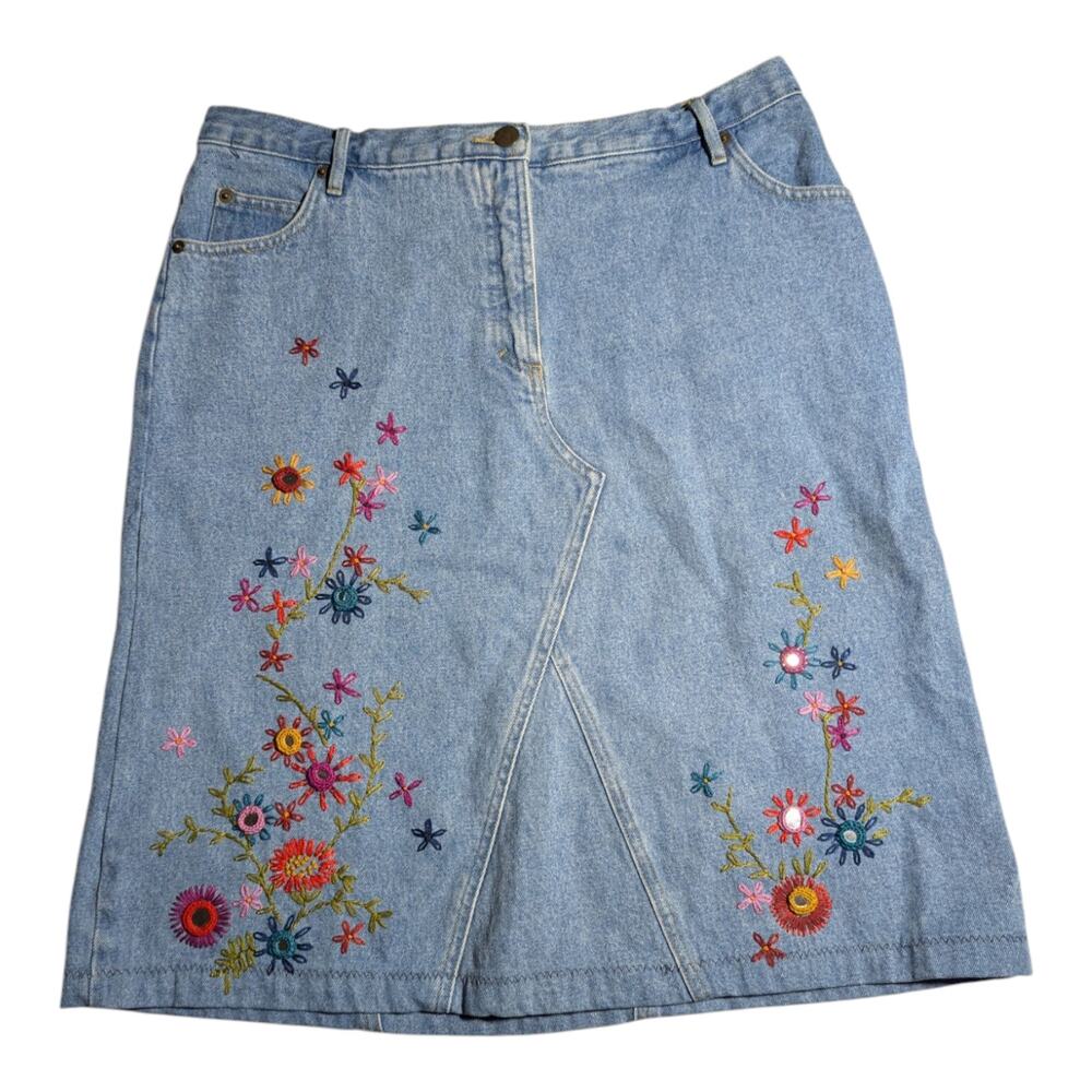 Vtg Y2K Carole Little Blue Denim Floral Embroidered Mirror Mini Skirt Sz 10